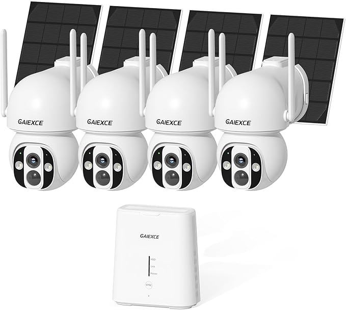 Solar Camera Outdoor Wireless, 4 Cam Kit, No Subscription, Wireless Home Security Camera System, Expandable to 10CH, 360° View PT Cameras, 2K Color Night Vision, Two-Way Talk, 2.4G & 5GHz WiFi