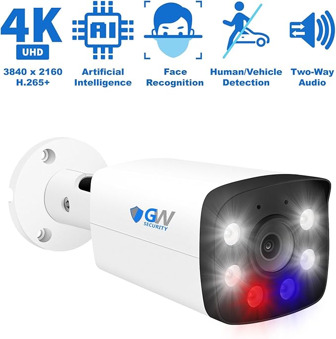 GW Security 8 Channel 4K NVR H.265 8MP Fulltime Color Night Vision Security Camera System with 4 UltraHD 4K IP Two-Way Audio Outdoor PoE Security Cameras, Smart AI Human Detection