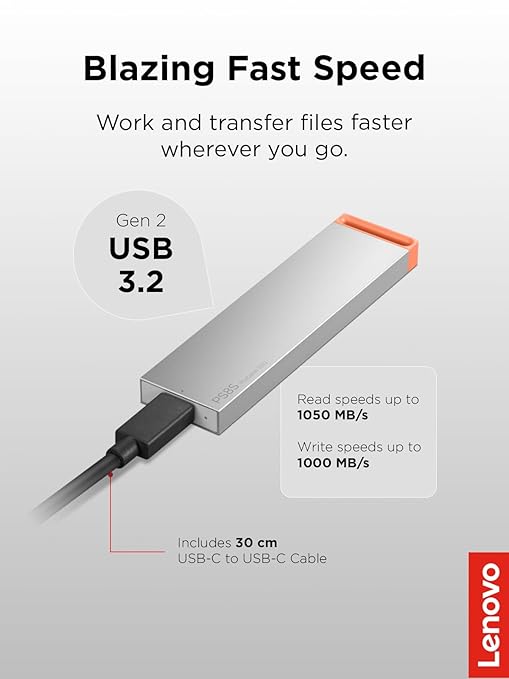 Lenovo PS8S 2TB Portable SSD, Up to 1050MB/s Read, 1000MB/s Write, USB 3.2 USB-C, Slim Lightweight (40g) Aluminum Body, Reliable Storage for PC/Mac & Android