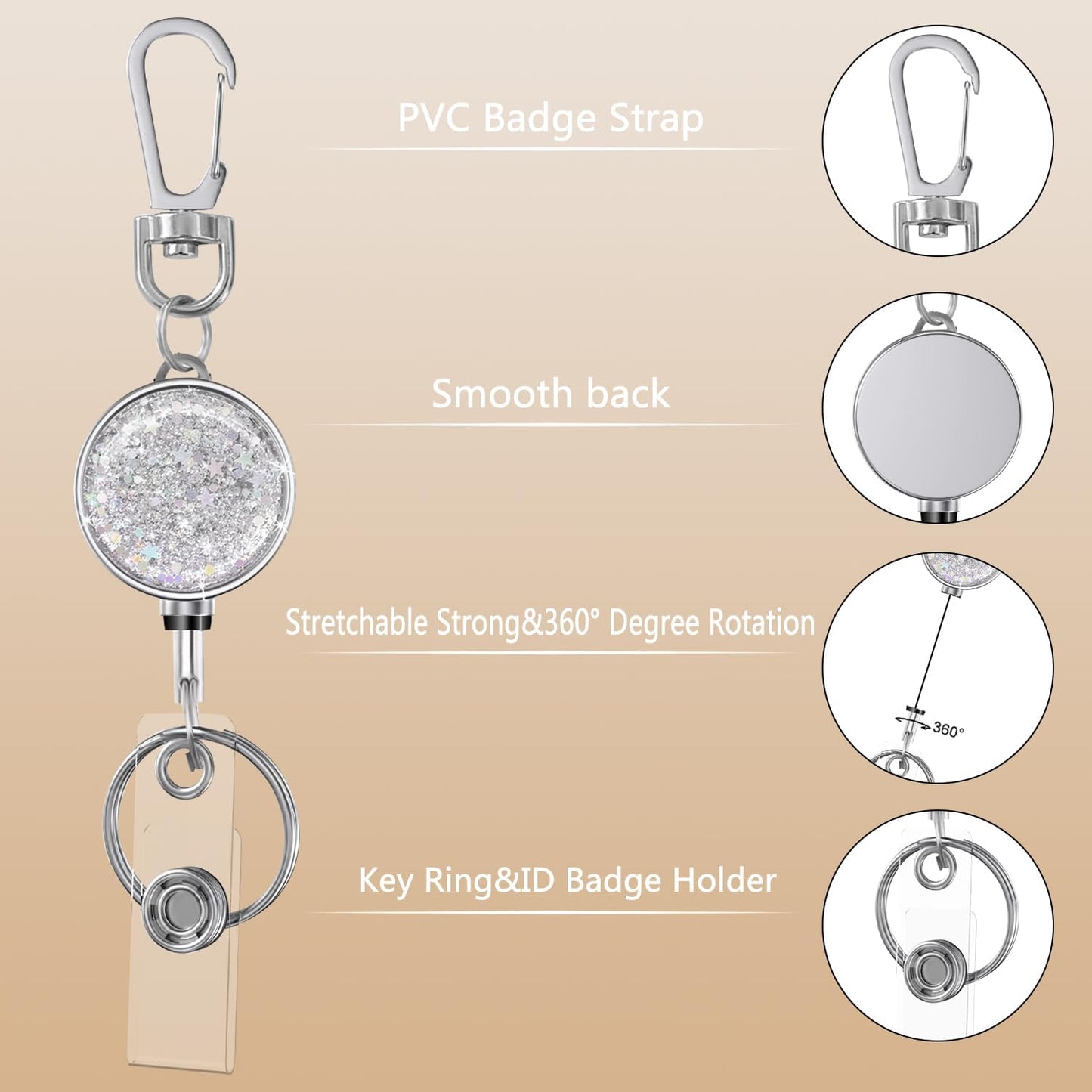 bolimoss 3 Pack Retractable Badge Reels with Key Ring and Carabiner Belt Clip, Glittery Metal Retractable Keychain for ID Cards Name Holder Nurse, Teacher, Students (Bling Blue, Silver, Purple)