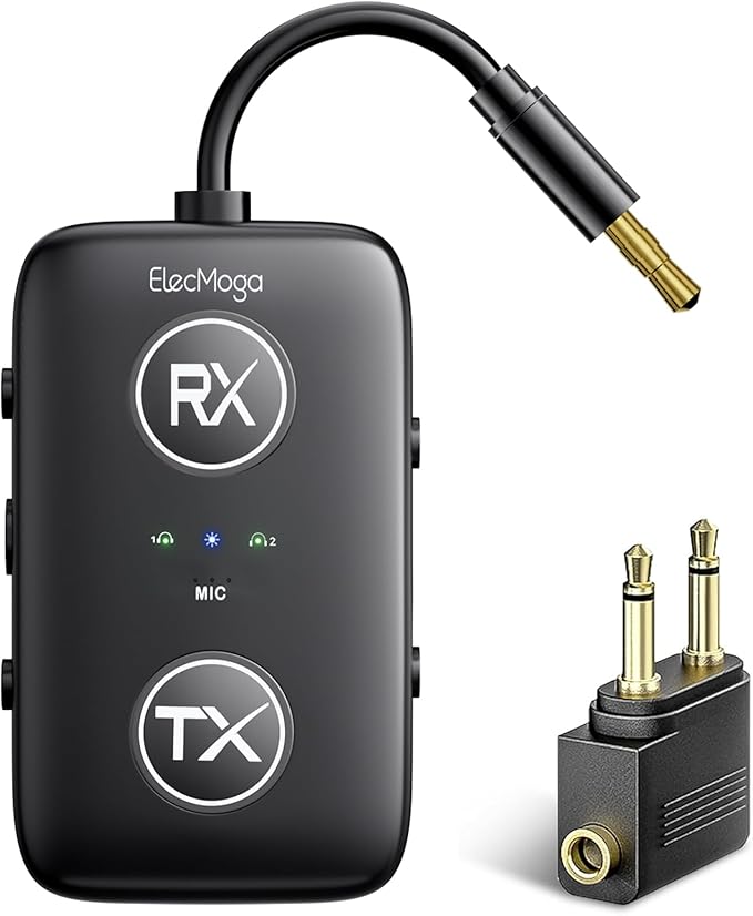 2025 Upgraded Airplane Bluetooth 5.4 Transmitter with Qualcomm Chipset, ElecMoga Airplane Travel Essentials Supports 2 AirPods or Headphones, 2-in-1 AUX Wireless Receiver for Gym, TV, Car, Audio