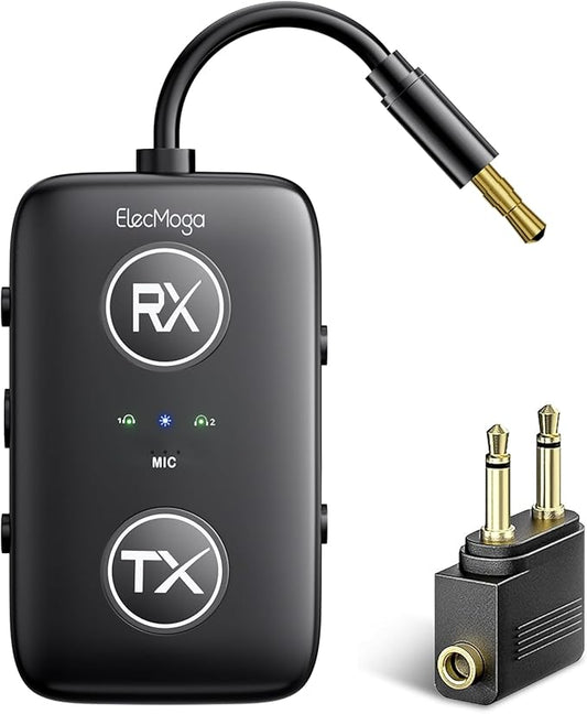 2025 Upgraded Airplane Bluetooth 5.4 Transmitter with Qualcomm Chipset, ElecMoga Airplane Travel Essentials Supports 2 AirPods or Headphones, 2-in-1 AUX Wireless Receiver for Gym, TV, Car, Audio