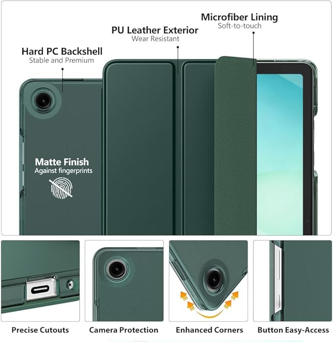 MoKo Case for Galaxy Tab A11+ Plus/A9+ 11-Inch 2025/2023, Slim Stand Protective Smart Cover with Hard PC Translucent Back Shell for Galaxy Tab A11+/A9 Plus Tablet, Auto Wake/Sleep, Midnight Green