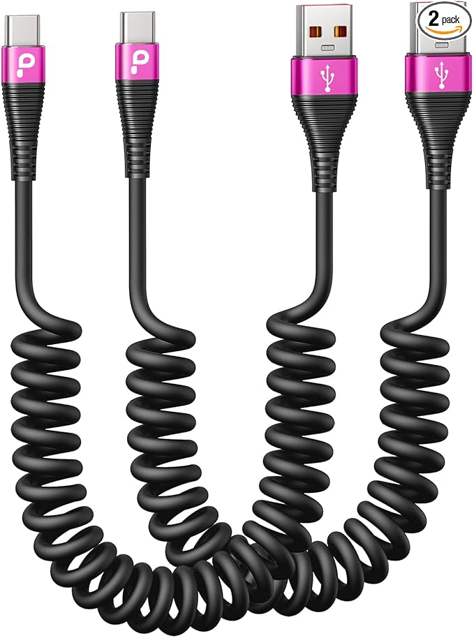 USB A to USB C Cable for Car, 2Pack 3FT Coiled USB C Cable Fast Charging, USB Type C Charging Cord Compatible with iPhone 17/16/15 Pro Max/Samsung Galaxy S20 S10 and More USB C Devices-Rose Red