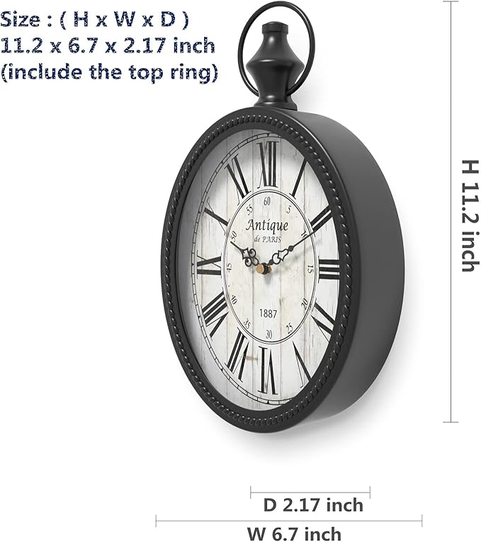 Menterry Small Retro Oval Wall Clock, Antique Old Design, Black Vintage Style, Battery Operated Silent Decor Wall Clocks for Kitchen,Bedroom,Farmhouse,Bathroom (11.2" H x 6.7" W)