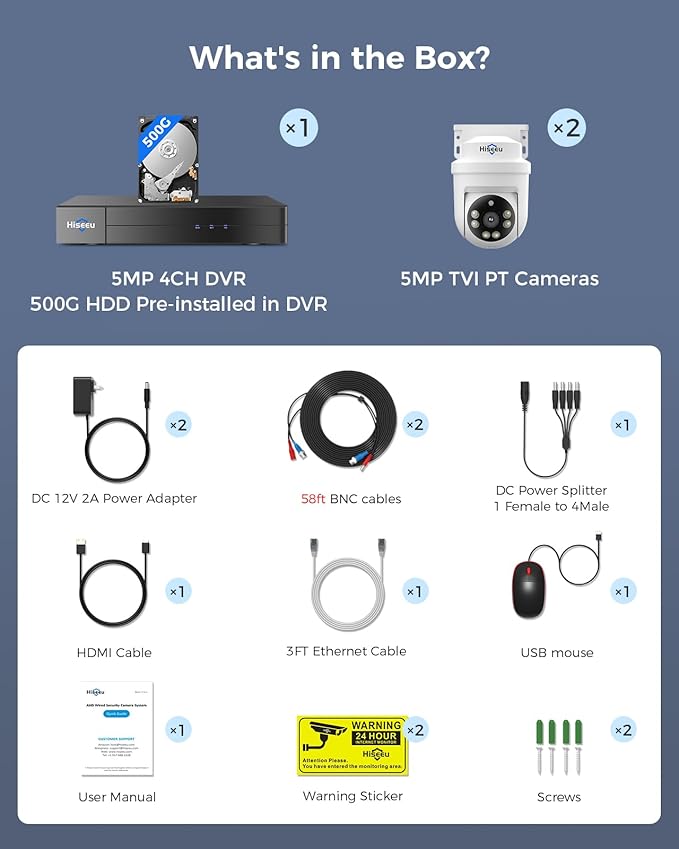 Hiseeu 3K 360°View PTZ Wired Security Camera System with Color Night Vision,Audio,4ch 5MP DVR,2PCS Cameras,500G HDD,Person/Vehicle Detection,Home CCTV Camera System