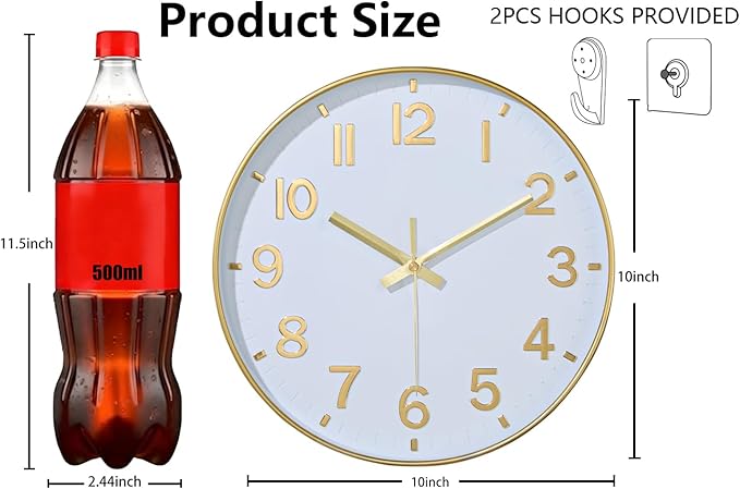 Modern Wall Clock, 10 Inch Digital Wall Clocks Battery Operated, Round Non Ticking Silent Analog Clock for Bedroom Living Room Kitchen Office Gym Classroom Decor, Gold Battery Clock