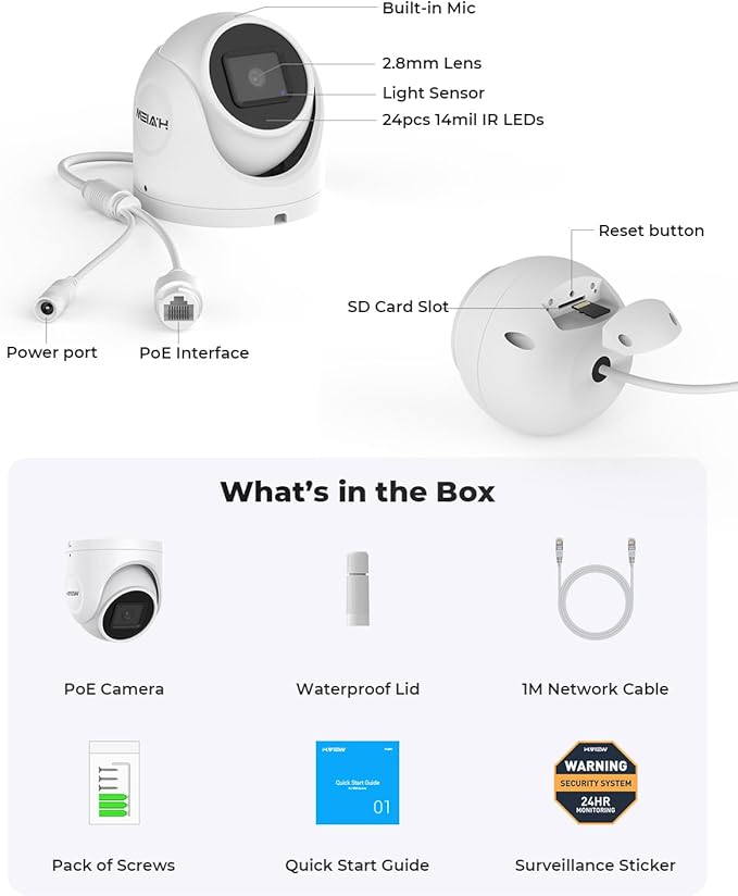 (Hikvision Compatible) H.VIEW 5MP Outdoor POE Camera Dome Turret IP Security Camera, 100ft IR Night Vision, 2.8mm Fixed lens, H.265+ IP PoE Outdoor Camera, RTSP,RTMP WDR,Support SD Card