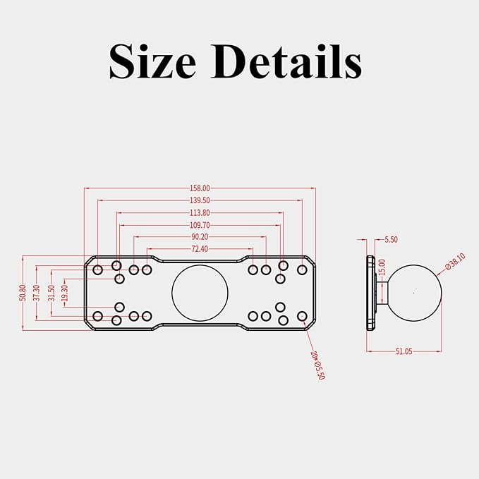 BRCOVAN 1.5'' Ball Fish Finder Mount, Aluminum Alloy Universal Marine Electronic Plate for RAM Mounts C Size 1.5 Inch Ball Double Socket Arm, Fit for Garmin, Lowrance, Humminbird, Raymarine and More