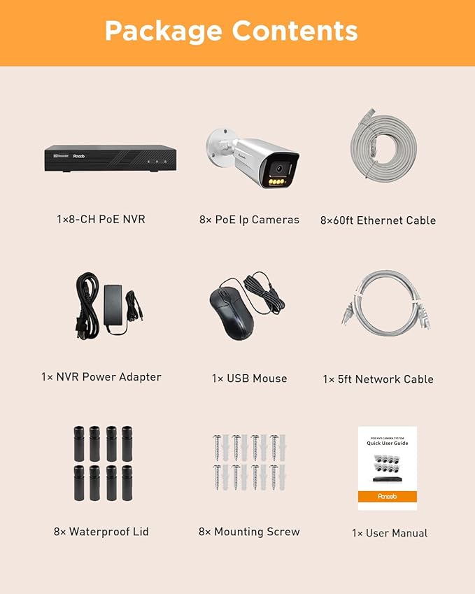 8 Channel Security Camera System, 8PCS 5MP IP Bullet PoE Camera with 2 Way Audio, Smart Dual Lights Color Night Vision, AI Human Detection, Remote Access, 4K 8CH NVR 2TB HDD, PB65A0808-5MD
