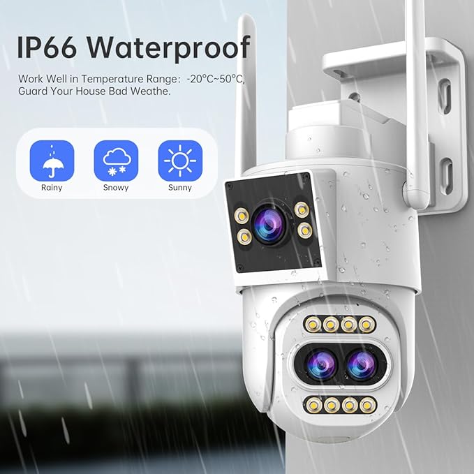 JOOAN Outdoor Security Camera 2Kx3 3Lens 2 Screen【10X Optical Zoom & Auto Tracking】 Home Surveillance IP Cam 360°PTZ 2.4G WiFi Wired IP66 Waterproof Motion Alert,8-256G Card/Cloud Storage,Siren Alarm