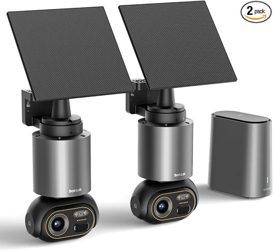 BOTSLAB Security Cameras Wireless Outdoor, 2 Cam-Kit, 4K Color Night Vision, Solar Cameras for Home Security with 360° PT,No Monthly Fee,32GB Local Storage Base Station,Auto Tracking,Easy Installation