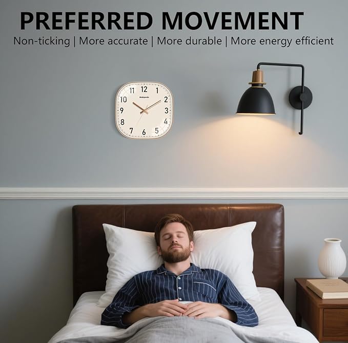 10 Inch Wall Clock, Silent Non Ticking Wall Clocks Battery Operated, Square Analog Decorative Wall Clocks for Bedroom Living Room Office Home Gym Porch Decor Indoor Outdoor Clock, Rose Gold