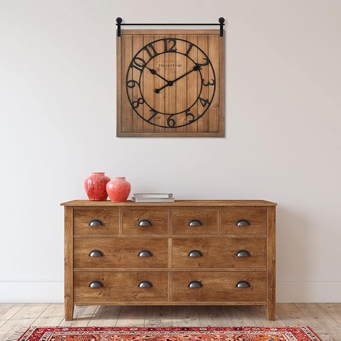 Presentime & Co Farmhouse Barn Door Clock, Shiplap Style, Brown Wood Color, Silent No Ticking, 3D Arabic Numeral, 23" H x 21" W. Home Decoration/Wall Decoration/Farmhouse Décor