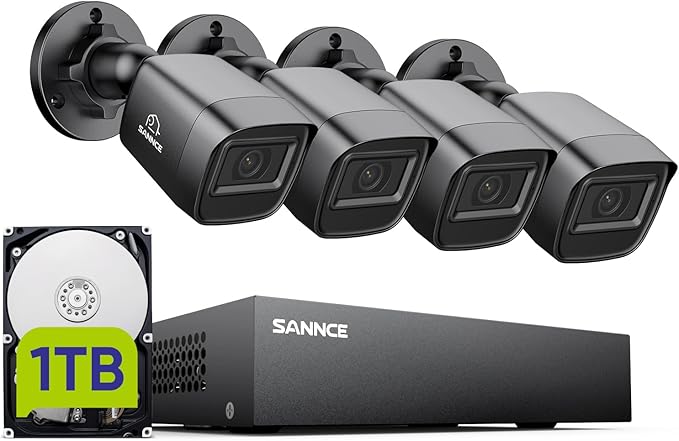 SANNCE 8CH 1080P Security Camera System DVR and 4x2.0MP Indoor Outdoor IP66 Weatherproof Bullet CCTV Cameras with IR 100ft Night Vision LEDs, Easy Remote Access,Home Surveillance System(1TB HDD)