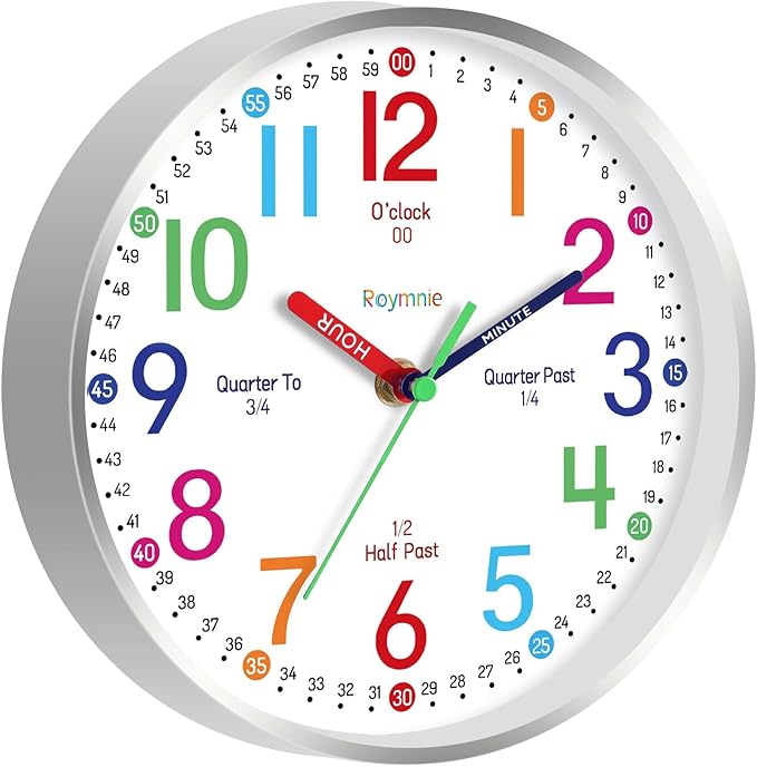 14 Inch Wall Clock for Kids Learning to Tell Time, Modern Silent Battery Operated Teaching Clock, Ideal Gift for Kids Room School