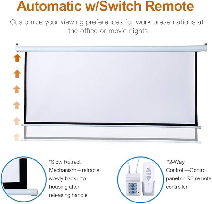 100 Inch Motorized Projector Screen - 16:9 HD Electric Movie Screen with Remote Control, Wall/Ceiling Mounted for Home Theater, Office, Wrinkle-Free Projection Screen for Indoor Use (White)