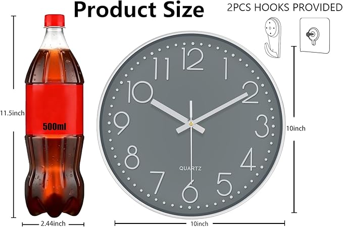 Wall Clock, Silent Wall Clocks Battery Operated 10 Inch Modern Non Ticking Analog Clock with Large Numerals Tempered Glass Clocks for Bedroom, Living Room, Kitchen, Office Decor, Grey