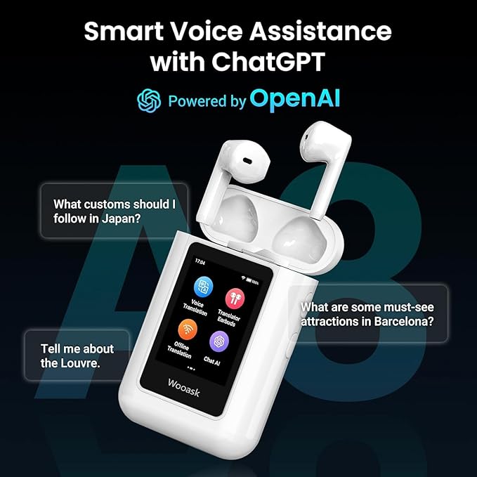 Wooask A8 Translation Earbuds Real Time with ChatGPT, Offline Translator Earbuds No APP Needed, 144 Languages Two-Way Voice Translation for Travel & Business (White, Offline)