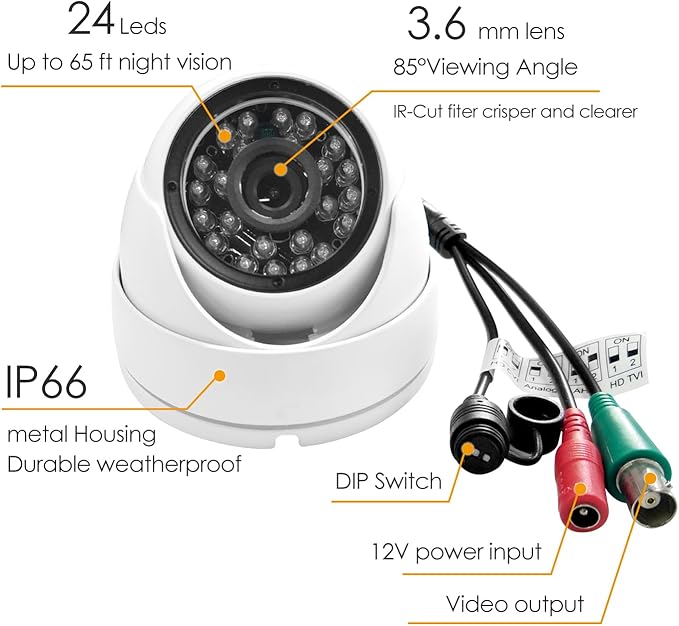 Analog CCTV Camera HD 1080P 4-in-1 (TVI/AHD/CVI/960H Analog) Security Dome Camera Outdoor Metal Housing, 24 IR-LEDs True Day & Night Monitoring 3.6mm Lens (White)