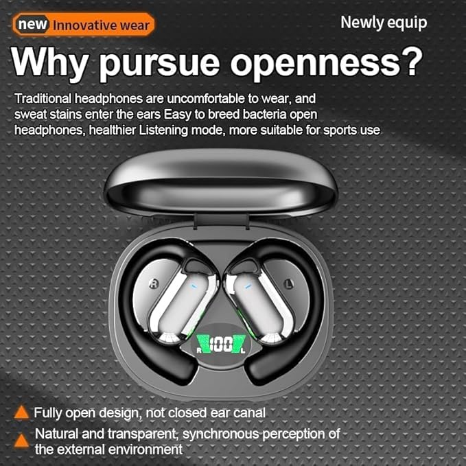 Open Ear Bluetooth 5.4 Headphones, Wireless Earbuds Sport Over Earphones Built-in Mic with Ear Hooks 50H Playtime Ear Buds LED Display Charging Case, Waterproof Design for Running Fitness, Black