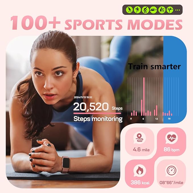 MorePro Health Fitness Tracker with Blood oxy-gen Monitor and 24/7 Heart Rate and Blood Pressure, Sleep Monitor, 120+ Sport Modes Waterproof Fitness Watch for Women Men Android iOS, Active Pink
