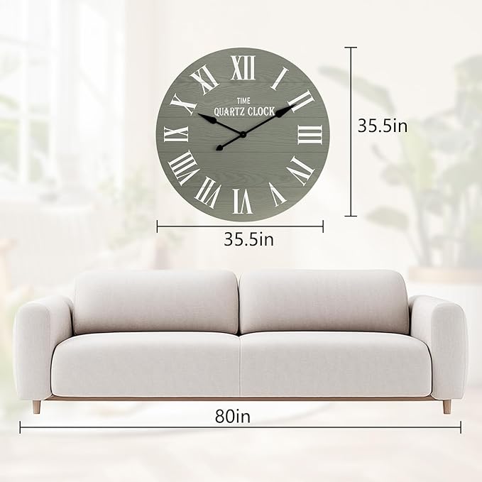 ARTPOWER Large Farmhouse Wall Clock, 35.5” Shiplap Wall Clock with Roman Numeral, Nearly Non-Ticking, Round Wall Clocks for Living Room Decor, Office, Bedroom, Entrance, Sage Green