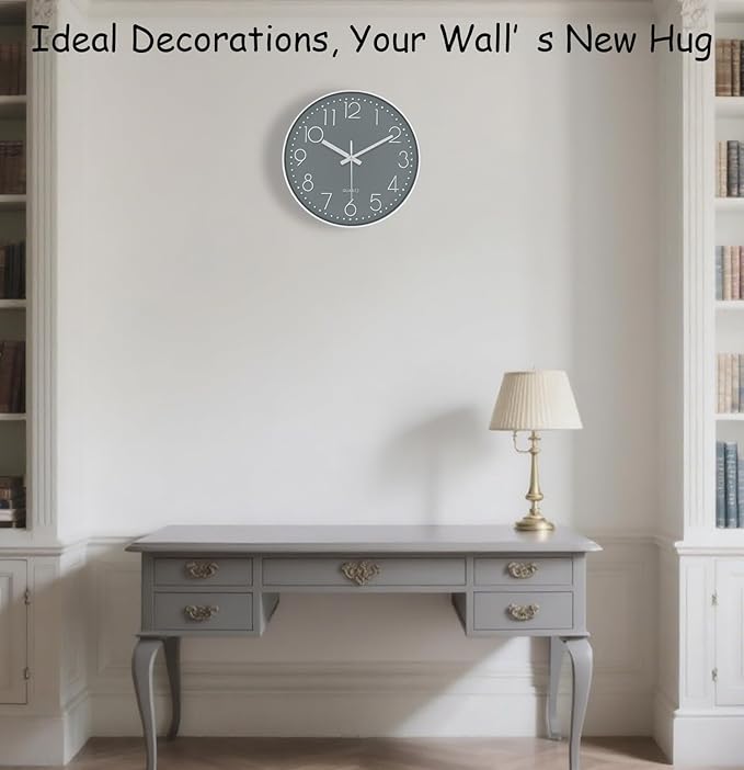 Wall Clock, Silent Wall Clocks Battery Operated 10 Inch Modern Non Ticking Analog Clock with Large Numerals Tempered Glass Clocks for Bedroom, Living Room, Kitchen, Office Decor, Grey