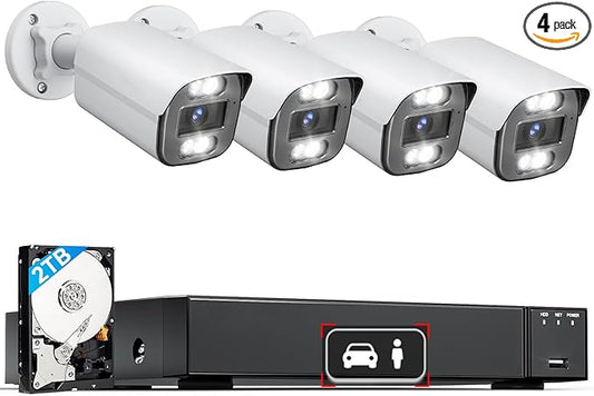 LongPlus 4K PoE Security Camera System Wired, 4pcs 8MP Home Security Camera System with 2TB HDD, H.265+, 24/7 Recording, Spotlight Color Night Vision & Clear Stream, LP8MC84B2