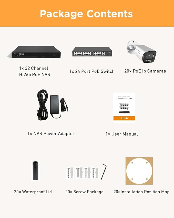 32 Channel Security Camera System, H.265 20pcs 5MP PoE IP Bullet Camera, Smart Color Night Vision, 2 Way Audio Talking, AI Human Detection, Remote Access, 4K 32 Channel NVR 8TB, PB65A2032-5MD