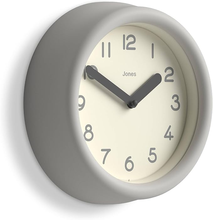 JONES CLOCKS® Fuze Wall Clock | Small Round Clock | Gray | Playful Modern Design with Soft sculptural Presence | Ideal for Kitchens Living Rooms Kid's bedrooms