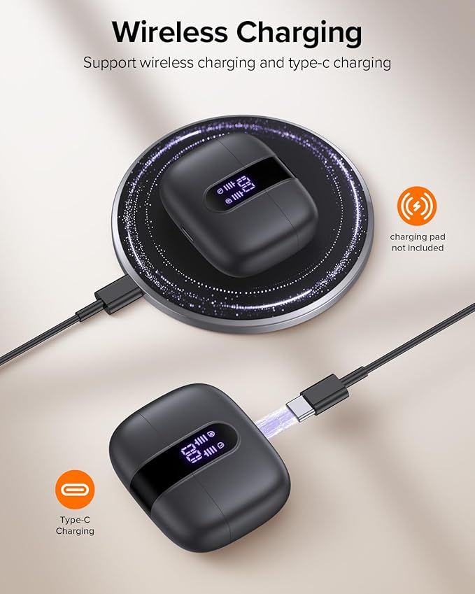 TAGRY Bluetooth Headphones True Wireless Earbuds 60H Playback LED Power Display Earphones with Wireless Charging Case IPX5 Waterproof in-Ear Ear buds with Mic for TV Smart Phone Laptop Computer Sports