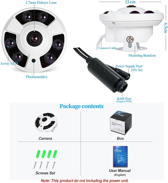 5MP Fisheye POE IP Camera, 1.7mm Lens(170° FOV), 6 Array IR LED Night Vision, Indoor Dome Surveillance Cam Motion Detection, PC/Phone App(IF02-P-TS)