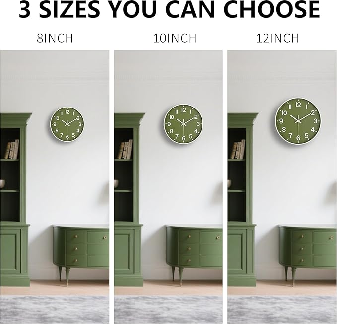 Modern Wall Clock, 10 Inch Digital Wall Clocks Battery Operated, Round Non Ticking Silent Analog Clock for Bedroom Living Room Kitchen Office Gym Classroom Decor, Olive Green