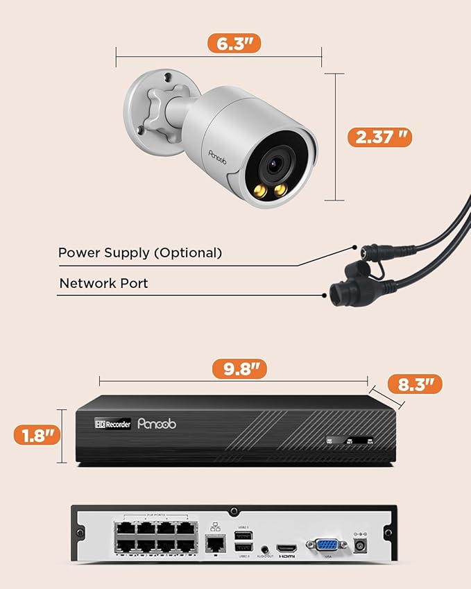 PoE Security Camera System 4K, 4X 8MP Wired Home Bullet IP Cameras Built-in microphone, Human Vehicle Detection, Smart Color Night Vision, 4K 8 Channel NVR 2TB HDD, 24/7 Recording, PB38F0408-8M