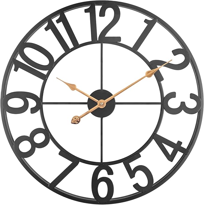 BEW 24 Inch Metal Clock, Large Cut-Out Farmhouse Decorative Wall Clock Battery Operated, Silent Non-Ticking Indoor Outdoor Iron Wall Clock for Living Room, Patio
