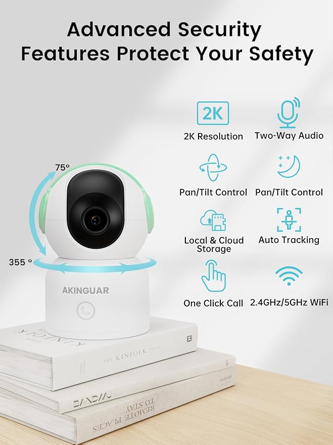 2K 3MP Indoor Security Camera, 5GHz/2.4GHz WiFi Camera, Security Camera for Home, 360°Pan Security Cameras with Motion Detection & One-Touch Call, Night Vision, Compatible with Alexa, Green