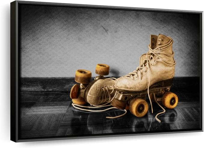 ElephantStock Vintage Skates Pop Wall Art - Horizontal Framed Canvas - 1-Piece Living Room Wall Decor - Sport Photography Canvas Print - Beige and Black Decor for Wall - 31" X 21"