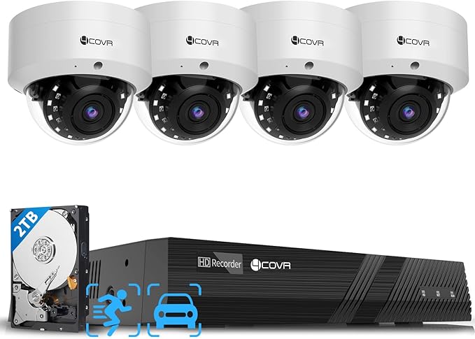 4COVR PoE Security Camera System, 4Pcs 5MP IK10 Vandal-Proof Dome PoE IP Camera with Mic, AI Human Vehicle Detection, 8CH 8MP H.265 NVR with 2TB HDD, IP67 Home Weatherproof Outdoor, LY54AX5M0804