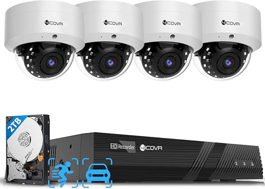 4COVR PoE Security Camera System, 4Pcs 5MP IK10 Vandal-Proof Dome PoE IP Camera with Mic, AI Human Vehicle Detection, 8CH 8MP H.265 NVR with 2TB HDD, IP67 Home Weatherproof Outdoor, LY54AX5M0804