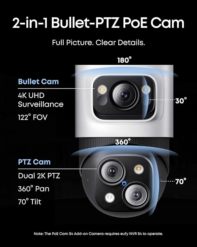 eufy PoE Bullet-PTZ Cam S4, NVR Wired Add On Cam, Requires eufy NVR, 4K UHD Triple Lens, 360° Pan and Tilt, 8X Hybrid Zoom, AI Tracking, Red and Blue Light, PoE Plug and Play, 24/7 Recording