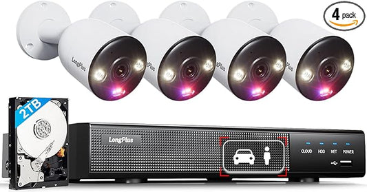 LongPlus Smart 4K 8CH Home Security Camera System, 4Pcs Wired PoE IP Cameras System Outdoor with Person/Vehicle Detection, 12MP 8CH NVR with 2TB HDD for 24-7 Recording, LP8ME84B1