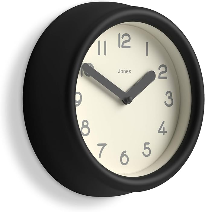 JONES CLOCKS® Fuze Wall Clock | Small Round Clock | Black | Playful Modern Design with Soft sculptural Presence | Ideal for Kitchens Living Rooms Kid's bedrooms