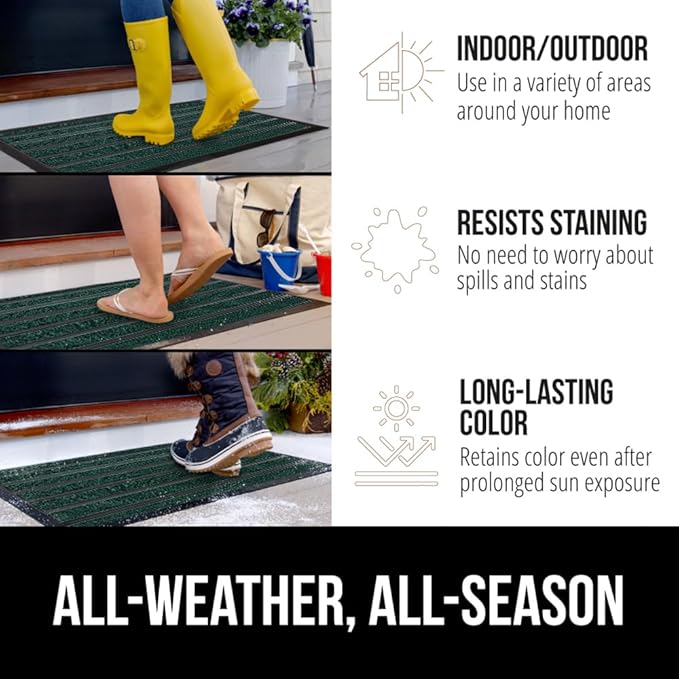GORILLA GRIP 100% Waterproof All-Season WeatherMax Doormat US Designed Natural Rubber, Stain and Fade Resistant, Low Profile Indoor Outdoor Door Mats, Easy Clean Patio Mat, 17x29, Green Stripe