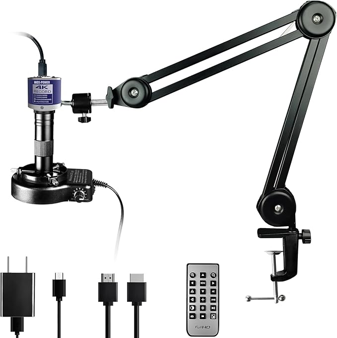 NICE-POWER Digital Microscope, 48MP 4K 1080P HDMI Type-C/USB Industrial Video Microscopes Camera, 150X Zoom C-Mount Lens, Foldable Stand, LED Ring Light, Soldering Microscope for Electronics Repair