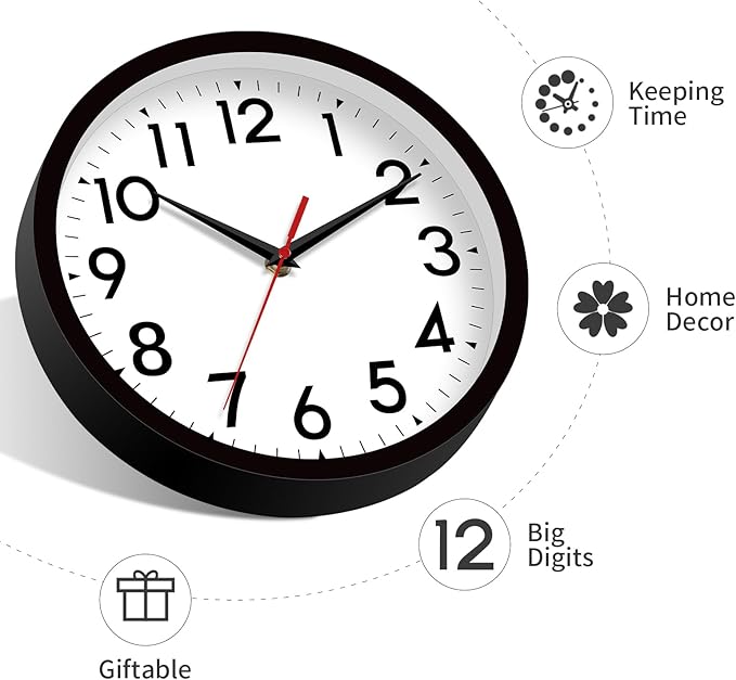 14 Inch Wall Clock Large Battery Operated Big Silent Non Ticking Analog Clock Decorative for Living Room Office Kitchen Outdoor Classroom Bedroom Bathroom School(Black)