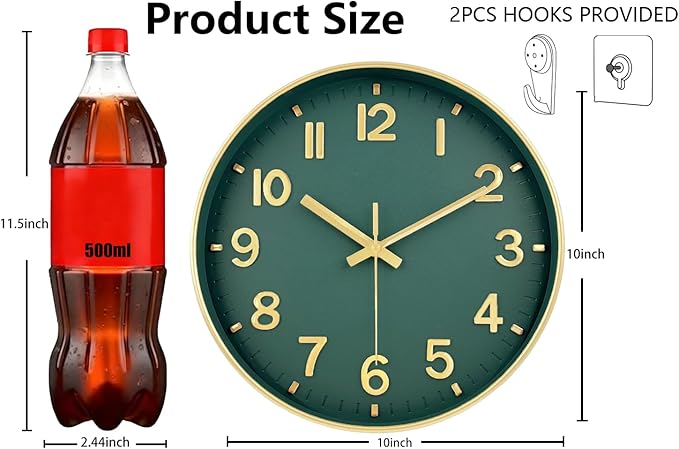 Modern Wall Clock, 10 Inch Digital Wall Clocks Battery Operated, Round Non Ticking Silent Analog Clock for Bedroom Living Room Kitchen Office Gym Classroom Decor, Gold Green Battery Clock