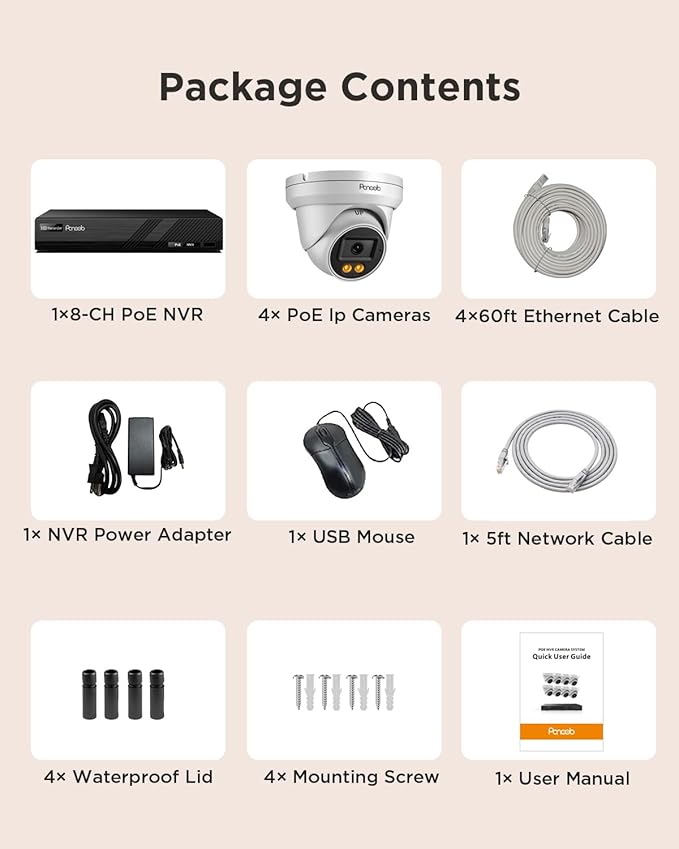 PoE Security Camera System, 4X 4MP Wired Dome IP Cameras Outdoor with Audio, AI Human Vehicle Detection, 5MP 8CH NVR with 2TB HDD, Smart Color Night Vision, 24/7 Recording, PD93BA0408-4MD-1