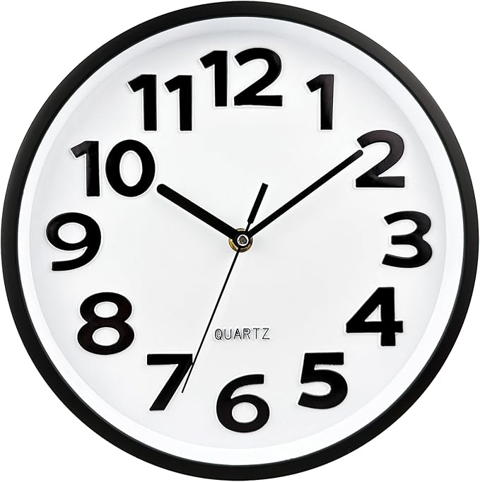 Plumeet 10'' Small Wall Clock, Battery Operated Small Wall Clocks Silent Non-Ticking Quartz, Modern Style Suitable for Bedroom Living Room Office Decor - 3D Numbers Display Easy to Read, White