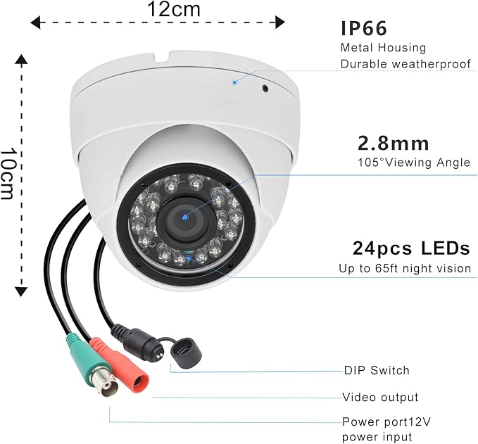 1080p 2MP CCTV Security Camera 4-in-1 (TVI/AHD/CVI/960H Analog) Dome Surveillance Cameras, 24pcs LEDs, 2.8mm Fixed Lens, 65ft IR Night Vision, 105° Wide Angle, IP66 Full Metal Housing